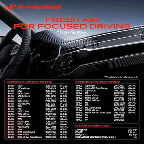 A-Premium 2-PC Cabin Air Filter with Activated Carbon Compatible with BMW 530i, 530i xDrive, X5, X6, X7, 530e, 540i, 540i xDrive, 740i, 750i, 750Li xDrive, 840i, Alpina B7, M5, M550i xDrive, M8