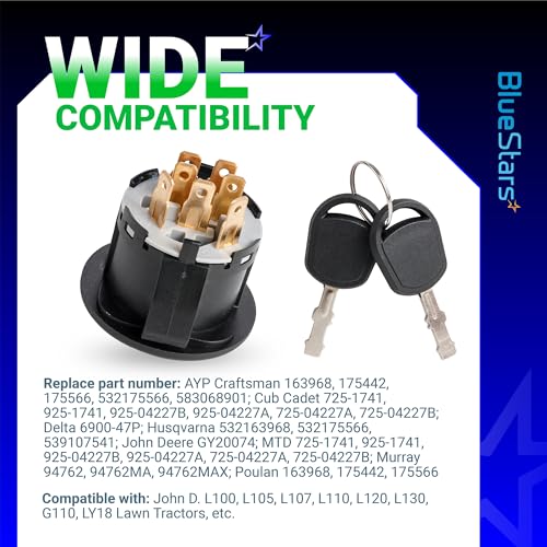 BlueStars 532175566 GY20074 Ignition Switch with Key 4-Position 7-Terminal - for Husqvarna Craftsman Dixon Cub Cadet John Deere L105 L100 L110 E100 D100 LA100 Lawn Mower 175566 175442 163968 925-1741