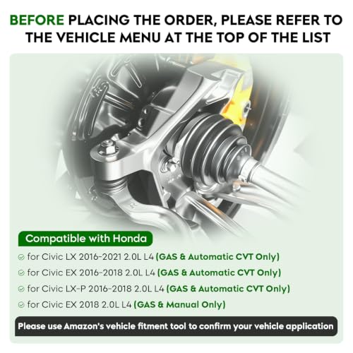 Pair (2) Front CV Axle Shaft Assembly (Automatic CVT Transmission Only) Fit for Honda Civic (ONLY for FWD) 2.0L L4 2016 2017 2018 2019 2020 2021, Left Driver and Right Passenger Side