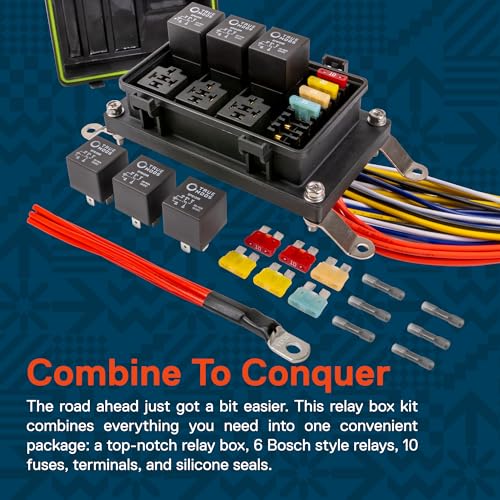 True Mods Waterproof 12V Fuse Relay Box Block Kit w/Pre-Wired Harness [12 & 16AWG] 6 Gang Bosch Style 5Pin 30A/40A Universal Relay & Fuse Panel for DC Auto Automotive Vehicle Car Marine Boat Jeep UTV