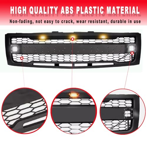 BNYIUEQR Front Grille Compatible with 2007 2008 2009 2010 2011 2012 2013 Chevy Silverado 1500, Replacement Grill Mesh Style with 3 LED Lights and 2 Side Lights (Matte Black with Letters)