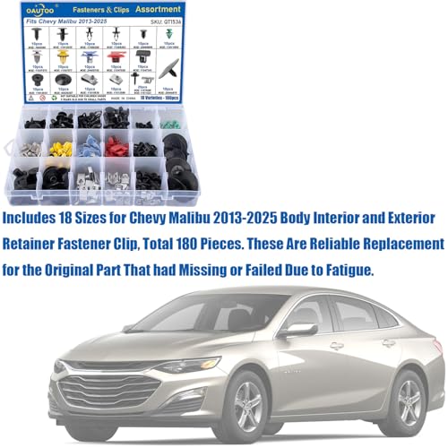 OAUTOO 180pcs fits Chevy Malibu 2013-2025 Auto Body Interior and Exterior Retainer Fastener Clip Assortment