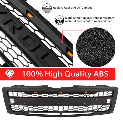 BNYIUEQR Front Grille Compatible with 2007 2008 2009 2010 2011 2012 2013 Chevy Silverado 1500, Replacement Grill Mesh Style with 3 LED Lights and 2 Side Lights (Matte Black with Letters)