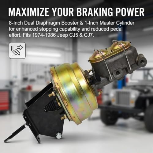 Power Brake Booster Conversion Kit for Jeep CJ7 CJ5 1974-1986, 8 Inch Dual Diaphragm & 1" Bore Master Cylinder, Complete Disc/Drum Setup, Reduces Pedal Effort, OE Performance PBUJ7486D