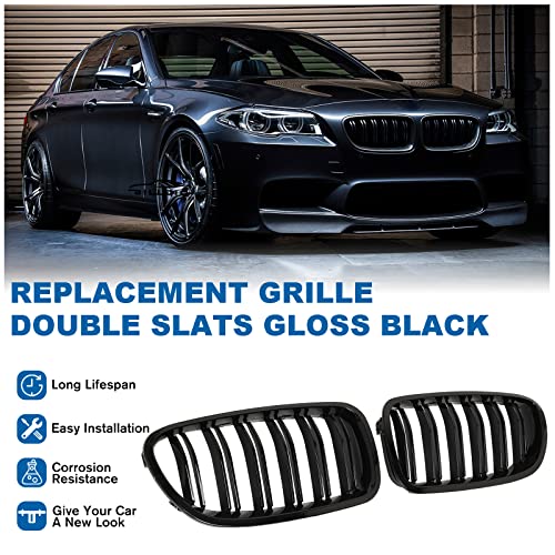 BILLDIO F10 Grille - Front Kidney Grille Double Slats Glossy Black Compatible with 2010-2017 BMW 5 Series F10 F11 F18 Sedan 520i 528i 535d 535i 550i 520i - ABS Gloss Black Kidney Grill