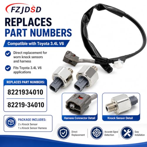 FZJDSD 2pcs Engine Knock Sensor with Harness 8221934010 Compatible with Toyota 4runner 1995-2002 T100 1995-1998 Tacoma 1995-2004 Tundra 2000 2001 2002 3.4L V6 Replace 82219-34010
