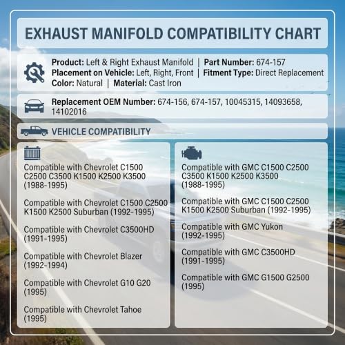 Exhaust Manifold Pair Left & Right Side Compatible With Chevrolet C1500 C2500 C3500 K1500 K2500 K3500 1988-1995 Compatible With GMC C1500 C2500 C3500 K1500 K2500 K3500 1988-1995 674-156 674-157