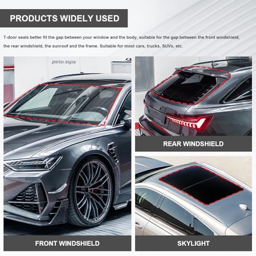 Tecledsn 2 Pieces Windshield Rubber Seal Windshield Trim Stripping, Car Weather Stripping, Waterproof Rubber Edge Trim, 22 Ft T Shape Sealing Strip Universal for Car Front Rear Windshield