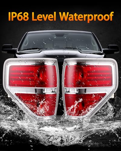 OKLPF Rear Brake Tail Lights Compatible With 2009 2010 2011 2012 2013 2014 Ford F150 F-150,Replace Silver Taillights Assembly Red Chrome Tail Lights,Not Included Bulbs,Driver and Passenger Side