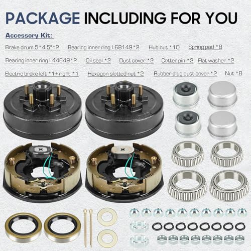 Trailer Axle Electric Brake Kit, Pair of 5-Hole, 4.5" Bolt Circle Brake Drum with 10" x 2 1/4" Self-Adjusting Electric Brakes for 3500 lb Axles, Replacement 10”(not for 4400lb) Brake Hub Drum Assembly