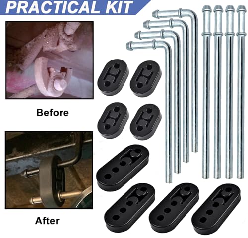 CAROTUPY Heavy Duty Rubber Exhaust Hanger Rod Set, 7.6" Long 3/8"Rod 90° + 10" Long Straight Muffler Hanger + 2 Hole 4 Hole Rubber EPDM Bushing Exhaust Rubber Hanger for Automotive (16Pcs)