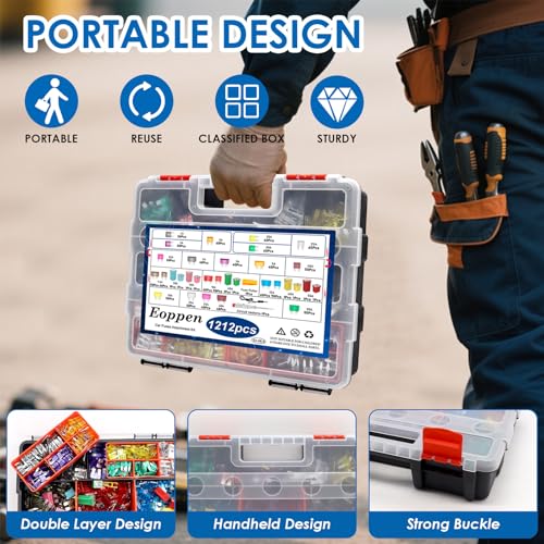 Eoppen 1212Pcs Car Fuses Assortment Kit with Fuse Puller and Circuit Tester, Standard & Mini Fuse Kit & Tall/STD Profile Box Shaped Automotive Fuse for Cars, Trucks and SUV, Boat