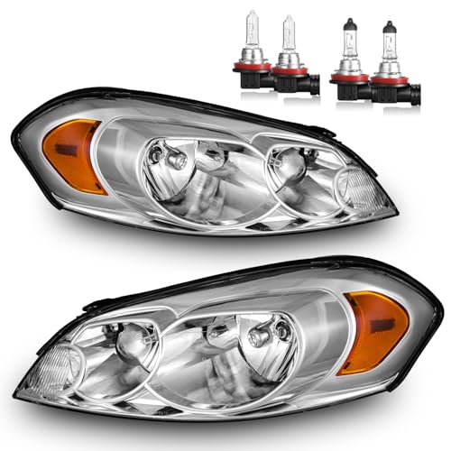 ROADEAL Headlights W/Bulbs for 2006-2013 Chevy Impala, 2006-2007 Chevy Monte Carlo, 2014-2016 Impala Limited Halogen Headlamp Replacement Driver & Passenger Side