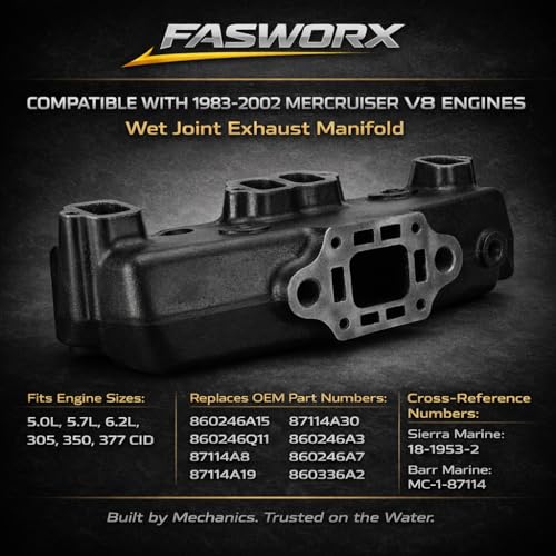 FASWORX Exhaust Manifold & Riser Kit for MerCruiser 5.0L (305), 5.7L (355), 6.2L (377) V8 Engines (Years 1983 - Early 2002) | Wet Joint 4” Center-Rise Elbow | Replaces 860246A15, 807988A03, 18-1953-2