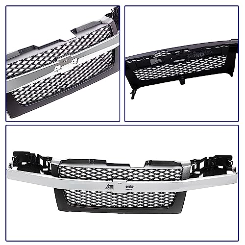 JustDrivably Front Grille Grill With Dark Gray Mesh Insert Compatible With 2004-2012 Chevrolet Colorado (With Chromed Center Molding Bar)