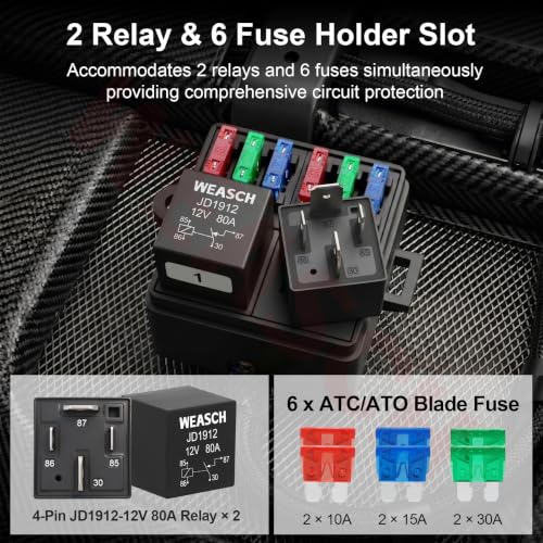 Weasch 12V 6 Way Pre-Wired Fuse Relay Box Kit with 2 x 80A 4-Pin Relays