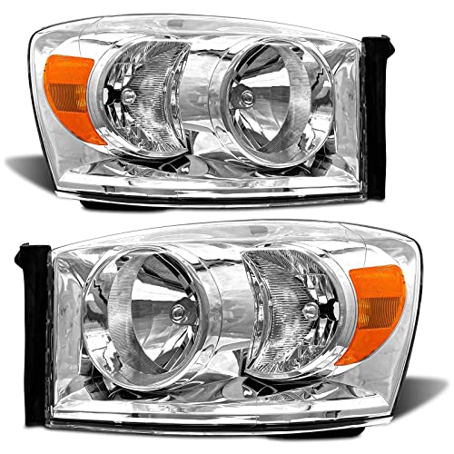 ADCARLIGHTS Headlight Assembly Pair for 2006-2008 Dodge Ram 1500 2006-2009 Dodge Ram 2500 3500 Clear Lens Chrome Housing Amber Reflector Left Right W/O Bulbs
