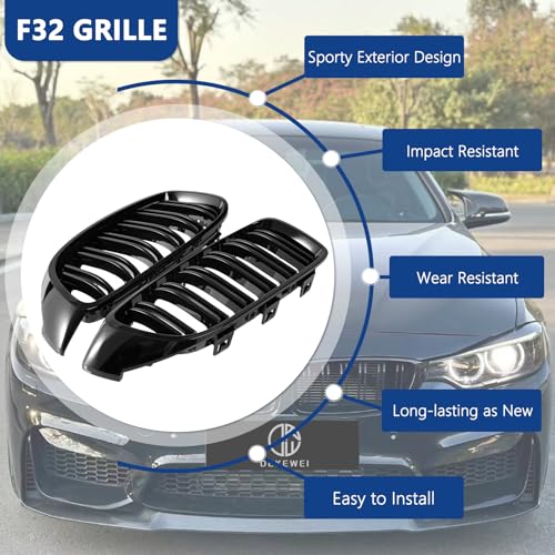 DEKEWEI F32 Grille,Front Kidney Grille Grill Compatible for 4 Series F32 F33 F36 (2014-2019) M3 F80 M4 F82 (2015-2019) (Double Slats Gloss Black Grills, 2pcs)