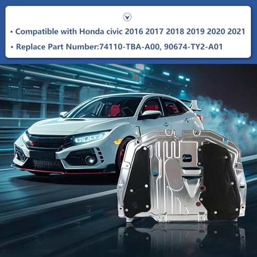 Ryansunoro Engine Splash Shield fit for Honda Civic 2016 2017 2018 2019 2020 2021, Aluminum Alloy Front Engine Case Guard Under Car Shield Cover Replace OEM 74110-TBA-A00, 90674-TY2-A01