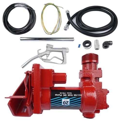 Weonefit 20GPM 12V High-Flow Red Fuel Transfer Pump with Discharge Hose & Manual Nozzle for Transfer of Gasoline Diesel Kerosene Ethanol & Methanol Blends & Biodiesel - Cast Iron Heavy Duty Pump