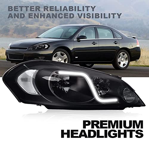 CNNELL LED Headlights Assembly Compatible with Chevy Impala 2006 2007 2008 2009 2010 2011 2012 2013, Compatible with Chevy Impala Limited 2014 2015 2016 2pc(B Smoky lens Black Housing Clear Reflector)