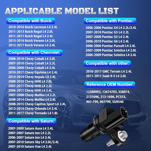 12588992 Crankshaft Position Sensor Compatible with Chevy Equinox Malibu Cobalt HHR, GMC Terrain, Pontiac G5 G6 Solstice, Saturn Vue Sky Aura Ion, Buick Regal Lacrosse Verano 2.0L 2.2L 2.4L