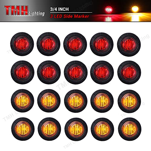 TMH 3/4 Inch Mount 10 pcs Amber + 10 pcs Red LED Clearance Bullet Side LED Marker Lights for Trailer Truck RV Car Bus Van (Pack of 20)