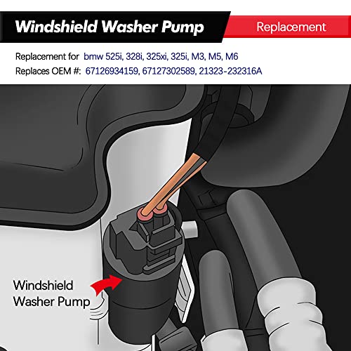 Front Windshield Washer Pump w/Grommet Replacement for BMW 328i, 325xi, 325i, 525i, 535i GT, 550i,640i, M3, M5, M6 Replaces OEM 67126934159, 67127302589, 21323-232316A