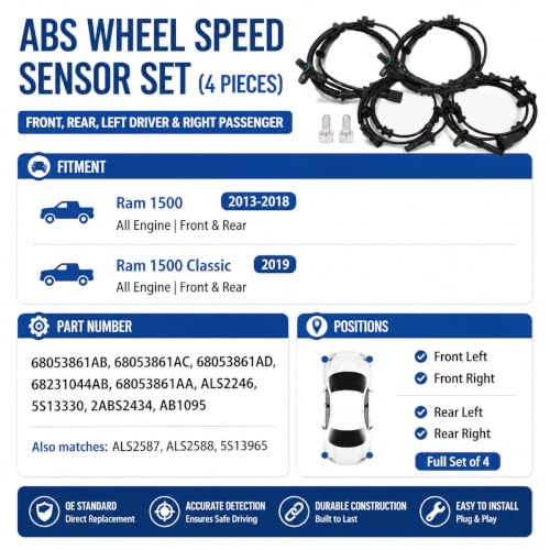 4Pcs Front & Rear ABS Wheel Speed Sensor Compatible for 2013-2018 Ram 1500, 2019 Ram 1500 Classic V6 3.0L 3.6L 3.7L, V8 4.7L 5.7L Engine Replace 68053861AB, 68053861AC, 68053861AD, 68231044AB