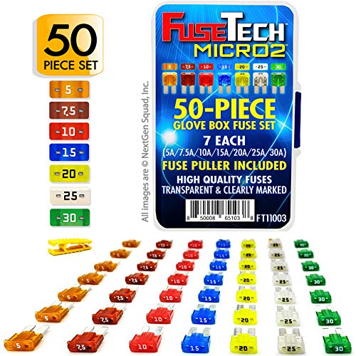 FuseTech Micro2 APT ATR 50 Piece Automotive Car Fuse Assortment Glove Box Set (49 Micro 2 Blade Fuses + Fuse Puller) 5A 7.5A 10A 15A 20A 25A 30A
