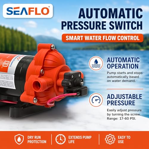 SEAFLO 33 series RV Water Pump - 12V, 3.0 GPM 45 PSI Diaphragm Pump, Self Priming On Demand Fresh Water Pump for RV Camper Boat Marine, Self Priming Pressure Pump, NSF UL 4-Year Warranty