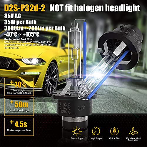 DMEX D2S HID Headlight Bulbs 6000K Cool White Xenon 35W 85122 66240 66040 66240CBI Replacement - Pack of 2 (Not fit Halogen Headlamp)