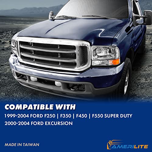 AmeriLite for 1999-2004 Ford Super Duty F250 F350 F450 F550 | Excursion Chrome Factory Style Replacement Headlights w/Corner Bumper Corner Set - Passenger and Driver Side
