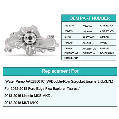 AULINK AW6348 Water Pump (W/Double-Row Sprocket;Engine 3.5L 3.7L) For 2011-2019 Ford Edge Fusion Flex Explorer Taurus,2011-2019 Lincoln MKS MKZ MKT MKX,MAZDA 6 CX9