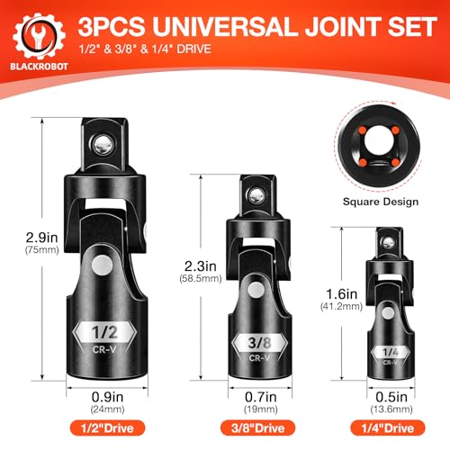 BLACKROBOT Universal Joint Set 3PCS, 1/2" 3/8" 1/4" Drive Socket Adapter Set, Premium CR-V Steel Swivel Socket Set, Access Fasteners at Any Angle