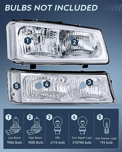 Nilight Headlight Assembly for 2003 2004 2005 2006 Chevy Silverado Avalanche 1500 1500HD 2500 2500HD 3500 Chevrolet Pickup Replacement Headlamp Housing Bumper Lamp Set