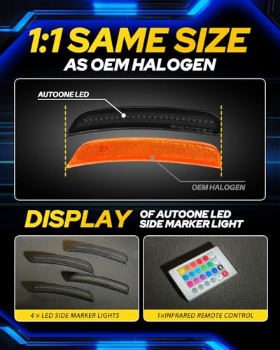 AUTOONE RGB & LED Side Marker Lights for Dodge Charger 2015-2023, Upgraded Smoked Lens Front Rear Corner Parking DRL Lamp, Pack of 4