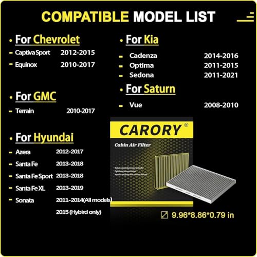 Cabin Air Filter w/Activated Carbon for Chevy Equinox 2010-2017, Captiva Sport 2012-2015, GMC Terrain 2010-2017, Hyundai Santa Fe 2013-2018, Santa Fe Sport 2013-2018, Kia Sedona 2011-2021, CF819