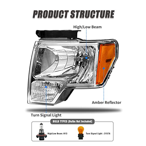 ADCARLIGHTS 2009 2010 2011 2012 2013 2014 Ford F150 Pickup Headlight Assembly for 09-14 Ford F150 Clear Lens Chrome Housing with Amber Reflector Headlamp Replacement Left and Right Pair（W/O Bulbs）