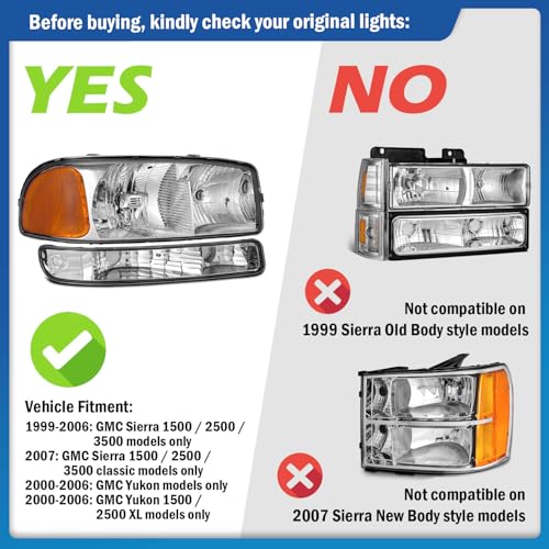 KarSpareHub Headlights Assembly for 99-07 GMC Sierra, Compatible with 99-06 GMC Yukon Headlamp Replacement Chrome Housing Driver & Passenger Side