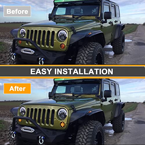 Aexploer for JK Front Turn Signal LED Lights Running Lamps Compatible with Wrangler JK JKU 2007-2018,White Vertical LED Bar as Daytime Running Lights,Amber Yellow LED as Turn Signal(Smoked Lens)