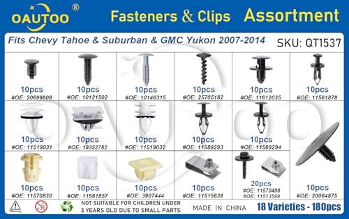 OAUTOO 180pcs fits Chevy Tahoe & Suburban GMC Yukon 2007-2014 Auto Body Interior and Exterior Retainer Fastener Clip Assortment