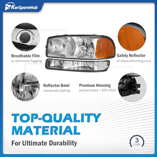 KarSpareHub Headlights Assembly for 99-07 GMC Sierra, Compatible with 99-06 GMC Yukon Headlamp Replacement Chrome Housing Driver & Passenger Side