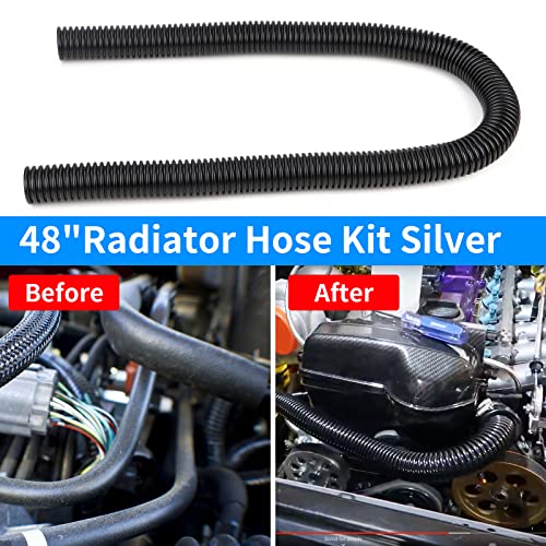 iRKY 48" Flexible Radiator Hose Stainless Steel Universal Water Hoses Adapter Coolant Radiator Hose Kit With 4Pcs Chrome Caps (8 Clamps, Black)