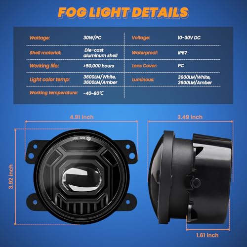 KARSAM 4 Inch Round LED Fog Lights for 2007-2018 Jeep Wrangler JK JKU 2018-2024 Jeep Wrangler JLU Accessories, 60W White Amber Off-Road Lamps Black Front Bumper LED Fog Lights Assembly, DOT Approved