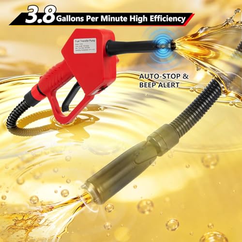Portable Fuel Transfer Pump with Auto-Stop & Hand Nozzle, 80'' Pumping lift,fit different gas barrel sizes and depths, no adapters needed,3.8GPM, mulitiple power supply,for Gasoline, Diesel, Kerosene