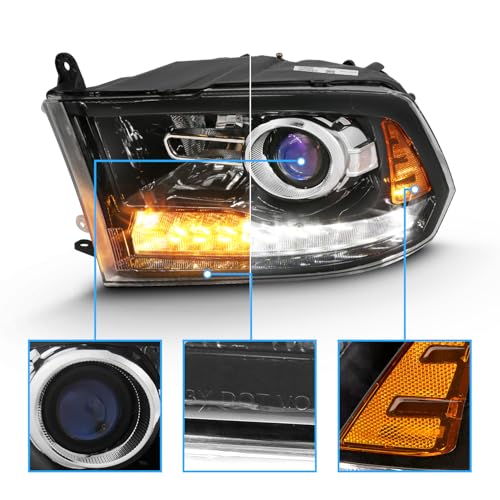 AmeriLite for 2009-2018 Dodge Ram 1500 2500 3500 BOTH Models Switchback LED Polished Black Replacement Projector Headlight Assembly Set - Passenger and Driver Side