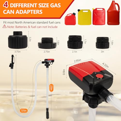Automatic Portable Fuel Transfer Pump with Auto-Stop, 3.8 Gallon per minute, Extra Long Hose, Battery Powered and USB Type-c, 4 Can Adapters, Leak protection, Gas Can Pump for Oil, Diesel and Gasoline