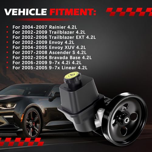 Autodevil 20-65990 Power Steering Pump with Pulley & Reservoir Fit for 2002-2009 Trailblazer & Envoy, 06-09 9-7x 4.2i, 2005 9-7x Linear, 07-08 Ascender, 04-07 Rainier, 02-04 Bravada, 4.2L 5.3L 6.0L