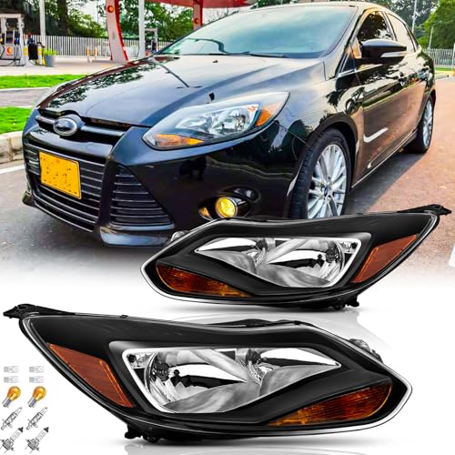 Headlights Assembly Pair with Bulbs for 2012 2013 2014 Ford Focus S SE ST SEL Halogen Head Lamps Replacement Driver and Passenger Side,Black Housing Amber Reflector